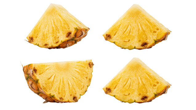 Four juicy pineapple slices with textured brown rind, isolated on transparent background