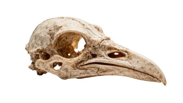 Detailed bird skull with weathered bone texture, isolated on transparent background