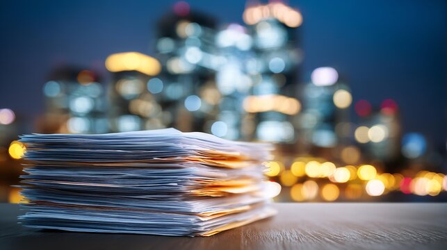 Stacks of Documents with City Lights Background