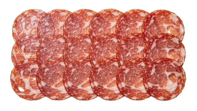 Thinly sliced cured salami meat arranged in rows, isolated on transparent background
