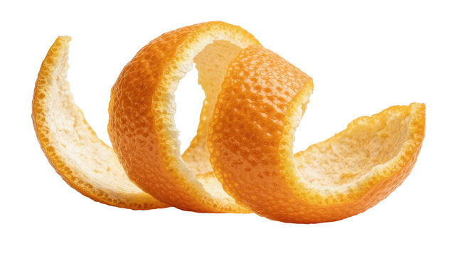 Orange peel spiral, textured citrus zest isolated on transparent background