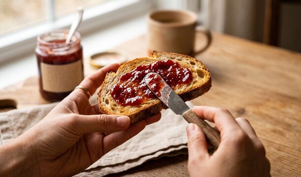 Spreading strawberry jam on toast