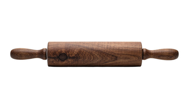 Natural dark wood rolling pin with textured grain, isolated on transparent background