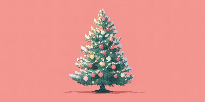 A Christmas tree with many ornaments is shown on a pink background