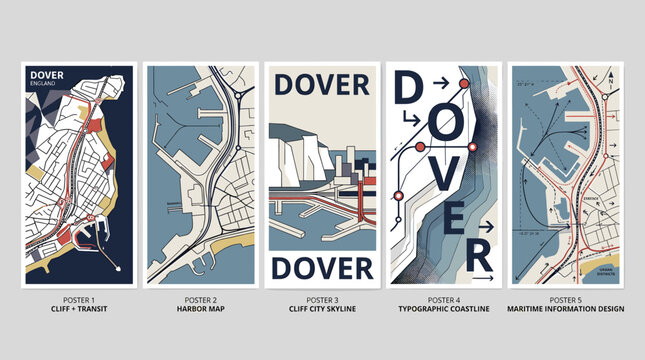 Retro Dover Coastal Travel Poster Set with White Cliffs Skyline, Harbor Map, and Maritime Information Design Vector