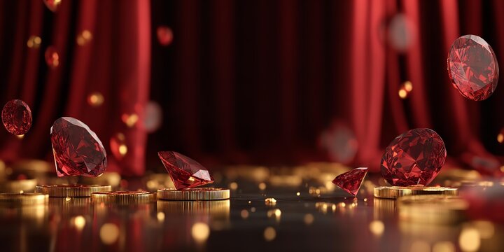 A red curtain with gold glitter on it is displayed.