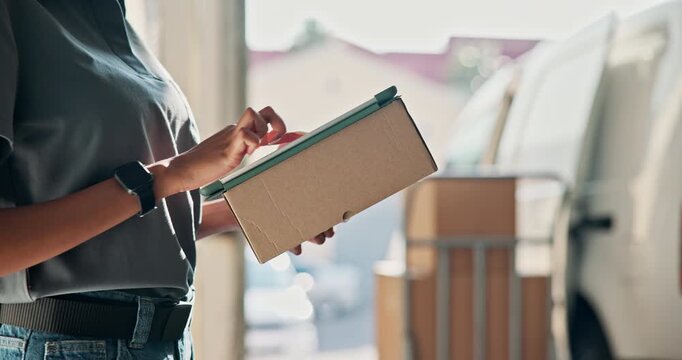 Hands, people and box with tablet for courier, parcel exchange and signature for online order. Driver, customer and digital with package for delivery, dispatch handover and agreement for ecommerce
