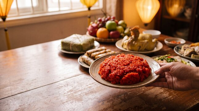 Hand placing red gac sticky rice on Lunar New Year feast table