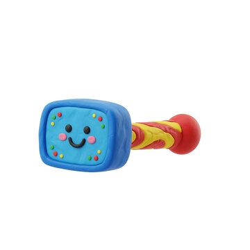 Toy hammer cartoon character made of blue and red plasticine clay with smiling face rosy cheeks colorful dots yellow stripes hand tool hardware craft object