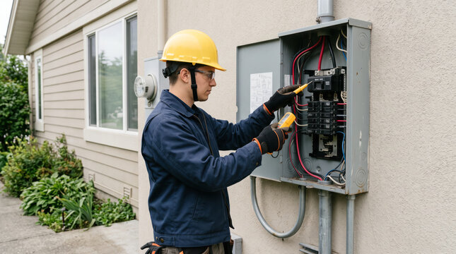 Male electrician wearing a yellow hard hat and gloves using a multimeter to inspect an outdoor residential electrical breaker panel box on a wall.