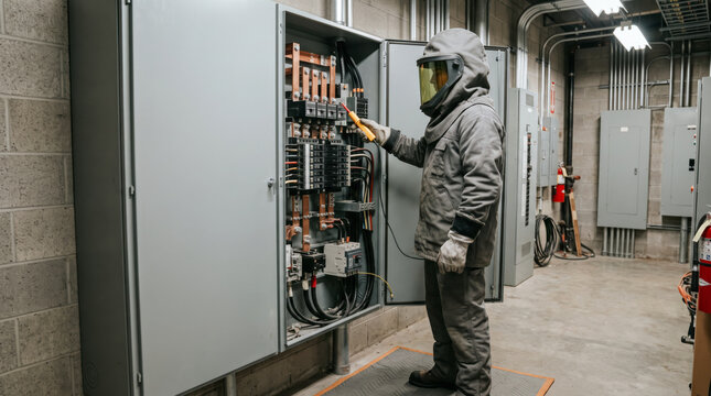 Specialized electrician wearing a full arc flash protective suit and helmet with face shield testing a high voltage switchgear panel in a power plant.