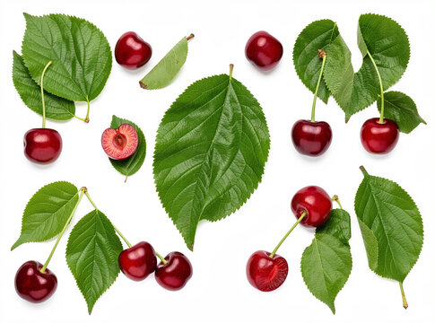 High-resolution image of cherry tree leaves and ripe cherries on a stem, showcasing the lush green leaves and the red, sweet fruit.