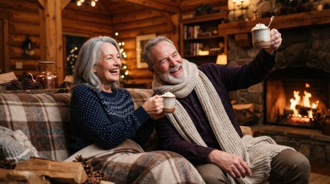 Happy senior couple enjoying hot cocoa by a cozy fireplace in a rustic log cabin at Christmas