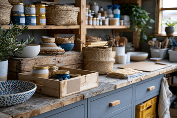 Fototapeta premium Close-up of organized sustainable diy workspace with reclaimed materials, handmade decorative pieces, eco-friendly supplies and , premium advertising composition