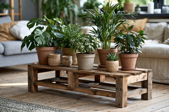 Iconic style of recycled wooden pallet transformed into a stylish decorative shelf with potted plants and handcrafted accents, scandinavian interior, soft natural lighting