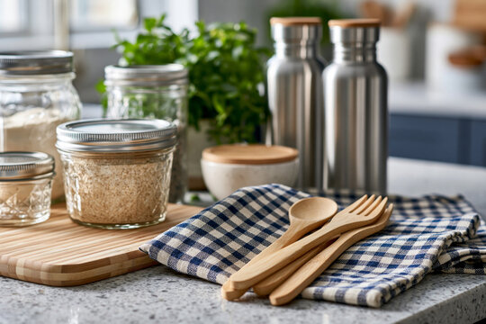 Reusable alternatives arranged on a modern kitchen countertop including glass food containers, stainless steel bottles, bamboo utensils and cloth napkins.