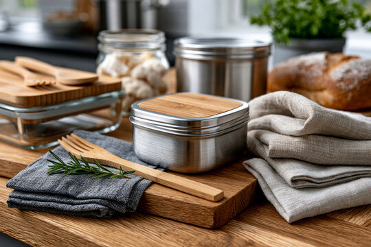 Stylish concept showing reusable lunch preparation essentials with stainless steel food containers, glass meal prep boxes, bamboo cutlery and linen napkins arranged neatly on a wooden countertop