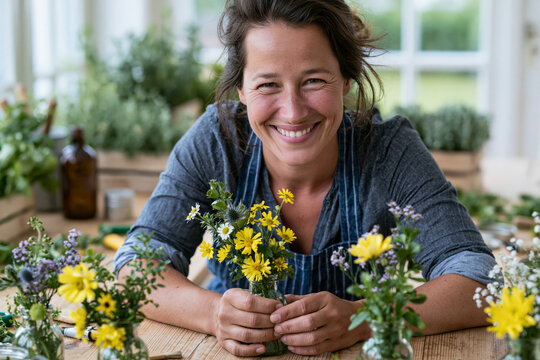 Close-up of smiling adult creating decorative flower vases from recycled glass bottles at a bright wooden craft table, organized eco-friendly supplies, natural window light.