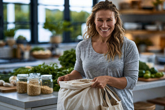 Harmonious arrangement of smiling adult packing groceries into reusable cotton shopping bags with glass storage jars and fresh produce on a modern kitchen island, bright natural window light.