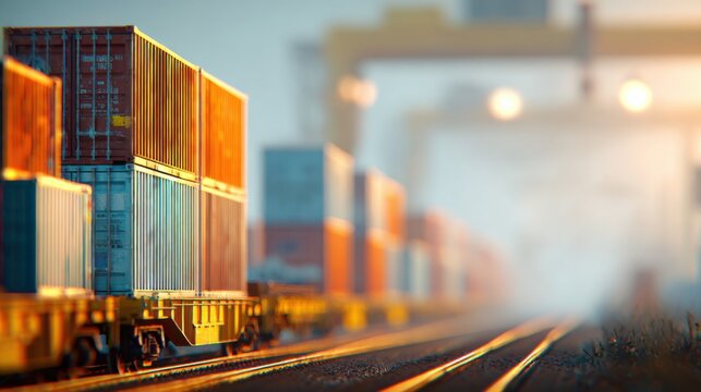 Stacked Cargo Containers on a Freight Train Traveling Along Railway Tracks