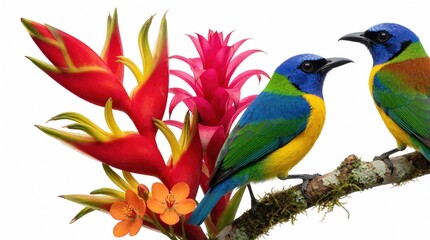 Obraz premium Two colorful tropical birds perch on tree branch with exotic flowers. Vibrant blue green, yellow birds sit near red heliconia, pink bromeliad. Beautiful wild avian life rests among bright jungle