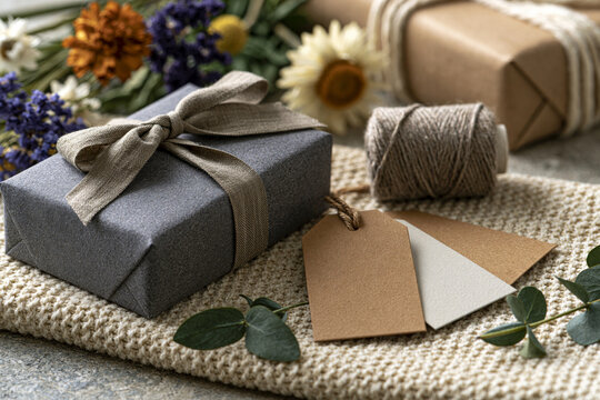 Visual concept of sustainable gift wrapping project with recycled kraft paper, linen ribbon, dried flowers and reusable gift tags arranged neatly