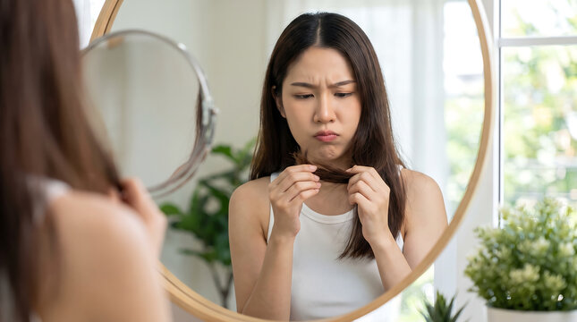 Asian woman inspecting damaged split ends of long brown hair in a round mirror with a worried frown showing hair care concern dry brittle strands and beauty routine problem