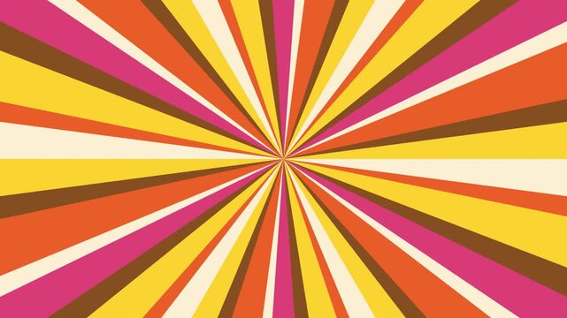 Vibrant rotating sunburst pattern shows yellow orange pink tones. retro vintage motion graphic provides warm backgrounds.