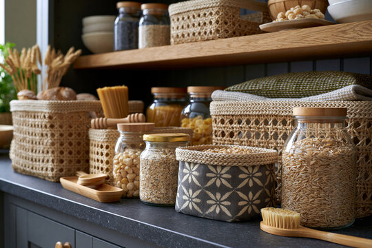 Iconic style of sustainable home organization concept with reusable storage baskets, refillable glass containers, bamboo accessories and natural textiles in a bright modern pantry