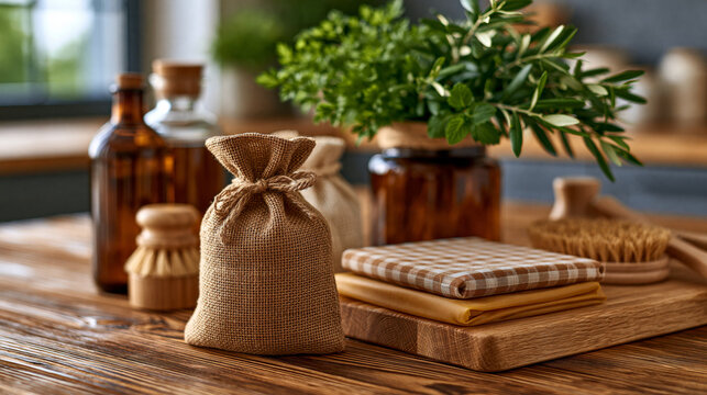 Atmospheric design featuring sustainable zero waste kitchen essentials displayed on a clean wooden table with reusable produce bags, glass bottles, beeswax wraps and wooden brushes, soft window light,