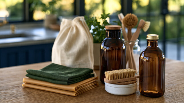A refined view of sustainable zero waste kitchen essentials displayed on a clean wooden table with reusable produce bags, glass bottles, beeswax wraps and wooden brushes, soft window light, , , ,
