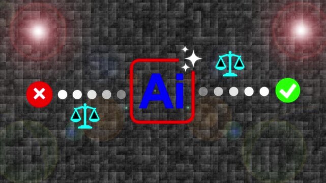 Businessman presenting AI ethics and regulation concept with right and wrong symbols icon video animation.