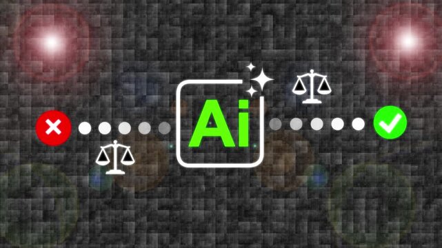 Businessman presenting AI ethics and regulation concept with right and wrong symbols icon video animation.