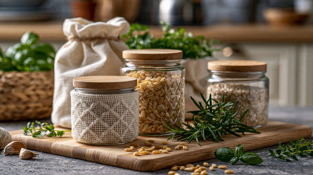 Zero waste kitchen organization with matching glass canisters, wooden lids, reusable cloth bags and fresh herbs, scandinavian interior, warm natural light