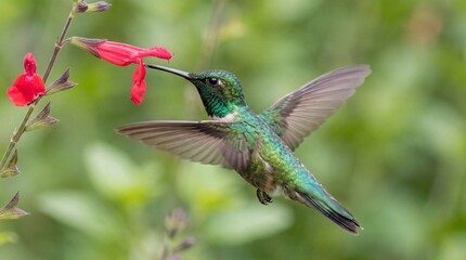 Fototapeta premium Hummingbird Hovering to Sip Nectar From Red Flower