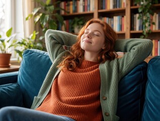 Obraz na płótnie Canvas Young redhead woman relaxes on blue sofa at home. Ginger girl smiles with eyes closed enjoying peaceful moment in living room. Rests on comfy couch near bookshelf with plants. Happy female enjoys