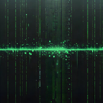 Abstract digital matrix background with glowing green tech data particles.