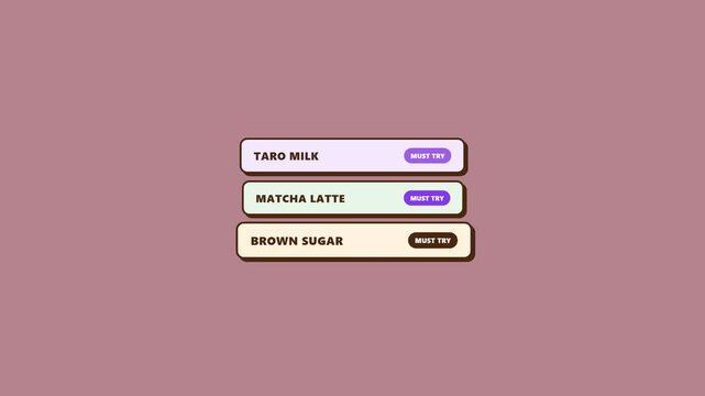 Minimalist graphic interface buttons showing popular milk tea flavors and drink menu options.