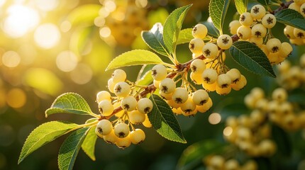 Fototapeta premium Pale yellow berries grow on green tree branch under warm sunlight. Close up of ripe fruit clusters in summer garden. Organic berries hang from plant with soft bokeh background. Healthy natural food