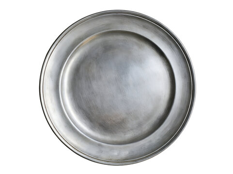 Metallic round platter with smooth, reflective surface.