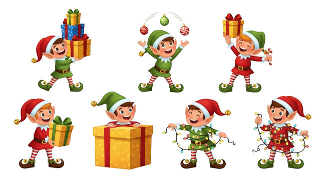 Festive Christmas elf set of 7 cartoon characters, jolly holiday helpers with gift boxes and fairy lights, cute santa assistants for winter decor