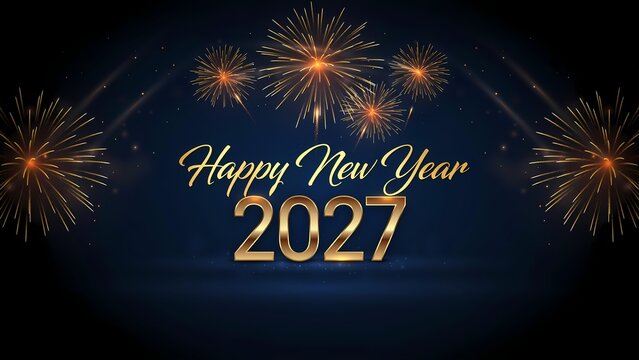 Happy New Year 2027 gold text with glowing fireworks on dark background