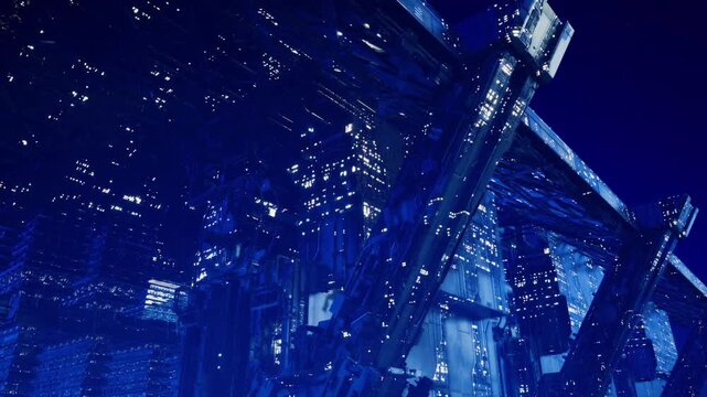 Scaffold and nets lit by dusk, gentle blue illumination on repair site with safety ropes and metal platforms creating textured composition, calm maintenance