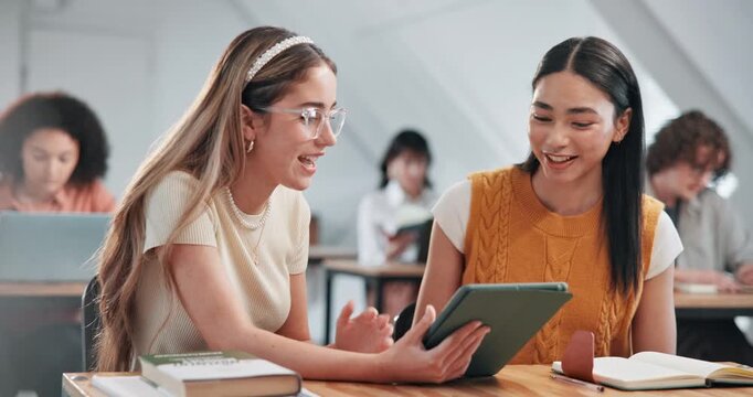 Study, students and talk in class with tablet, lecture slides insight or explain course material. University, happy girls and tech for peer support, essay tips and topic discussion to share knowledge