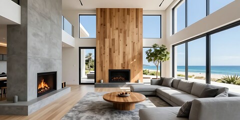 Fototapeta premium Modern luxury living room interior featuring a concrete fireplace, wooden panel wall, large glass windows with panoramic sea views, and a cozy sofa overlooking a sandy beach.