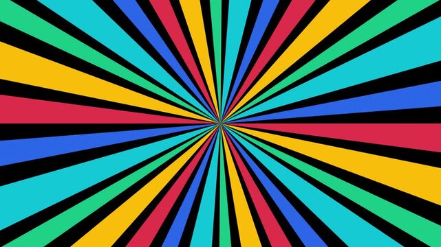 Colorful retro sunburst pattern spins with vibrant rays. red yellow blue green beams create energetic pop art visual.