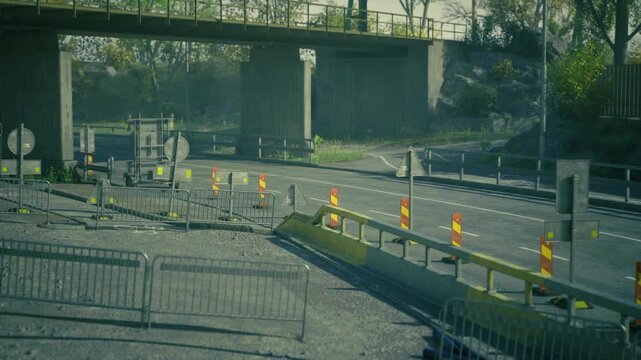 Empty highway worksite with warning cones, dusk light casting long shadows, lane closure with fences and barricades, silent equipment and signage, reflective