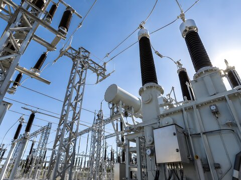 High Voltage Electrical Substation Equipment Under Clear Blue Sky