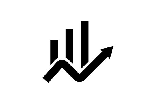 A black icon of a bar graph with an upward trend arrow