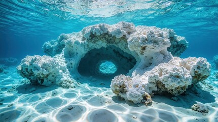 Fototapeta premium Underwater view of white coral reef formation in clear turquoise ocean. Sunlight shines through blue water creating patterns on sandy seabed. Natural marine structure forms tunnel shape on ocean